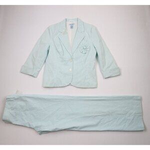 New Gene Meyer Womens 2 Piece Striped Seersucker Flower Suit Jacket 14 Pants 12